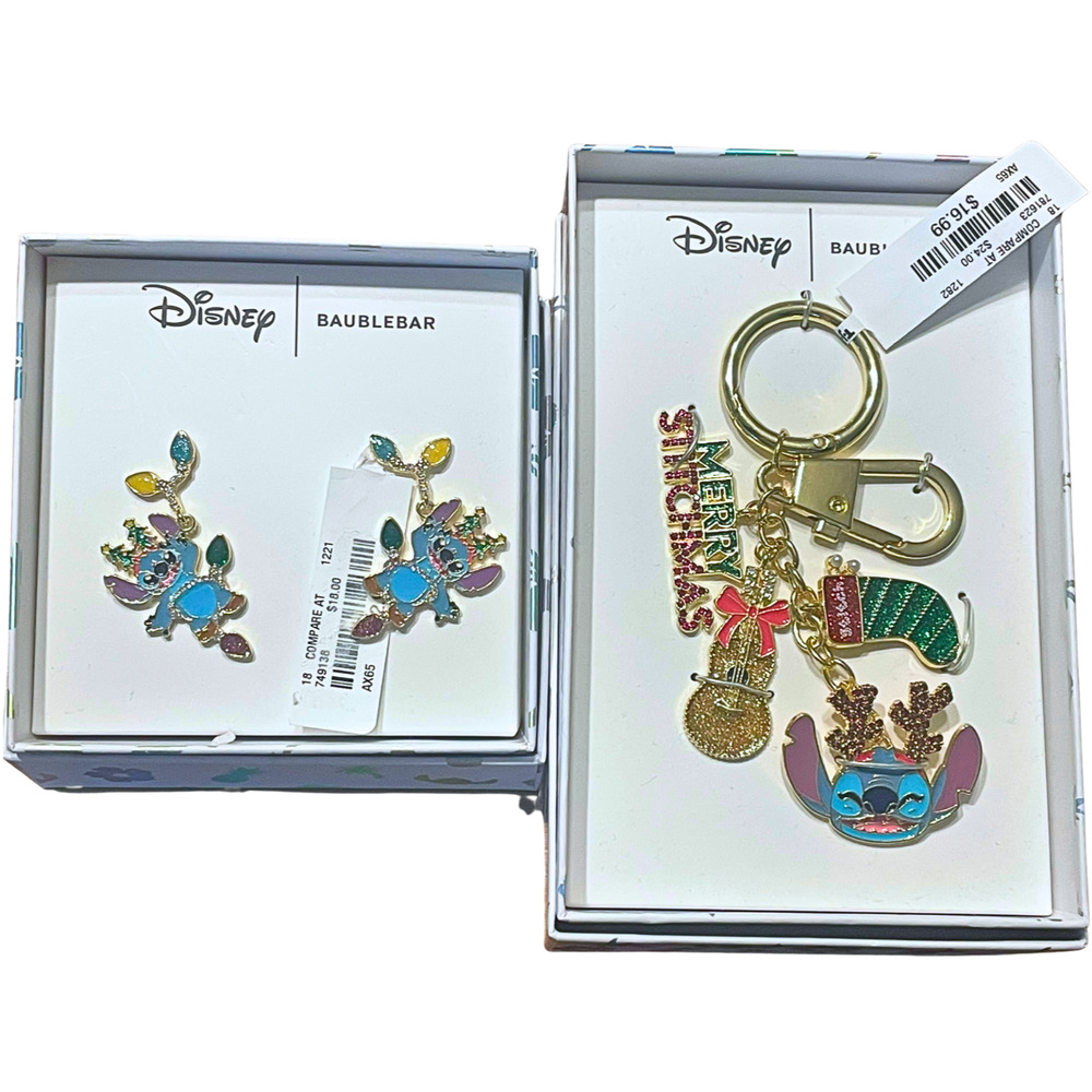 Stitch Disney Baublebar 4" Keychain & Earrings Merry Stitchmas Jewelry Set New